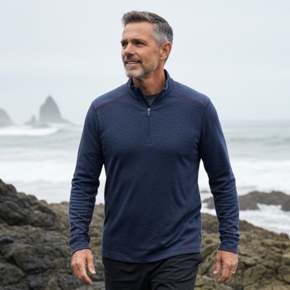 Tommy Bahama Mens Navy Heather Quarter Zip Pullover Cotton Blend Sweatshirt S